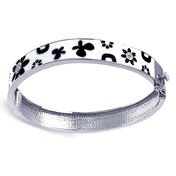 Sterling Silver Enamel Flower Design Bangle Bracelet