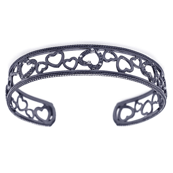 Black Rhodium Sterling Silver Heart Cuff Bracelet