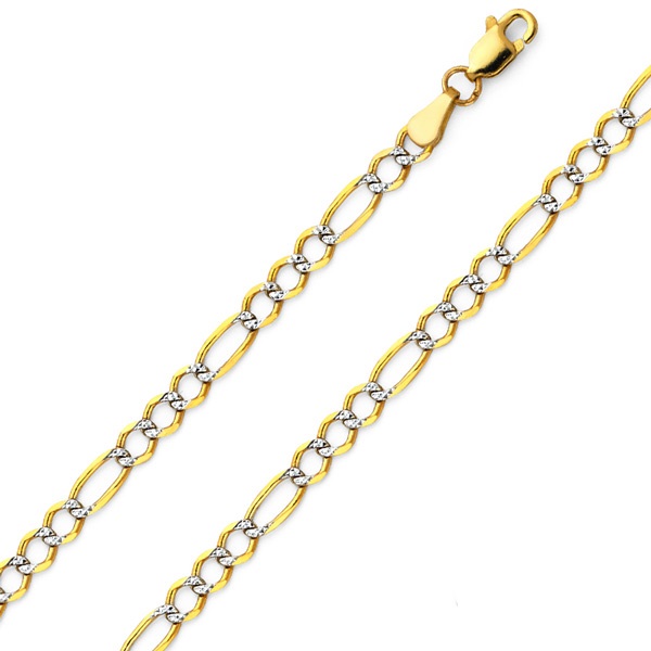 4mm 14K Two Tone Gold White Pave Open Figaro Chain Necklace 16-24in