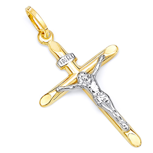 Small Tapered Crucifix Pendant in 14K Two-Tone Gold - Classic 32mm H