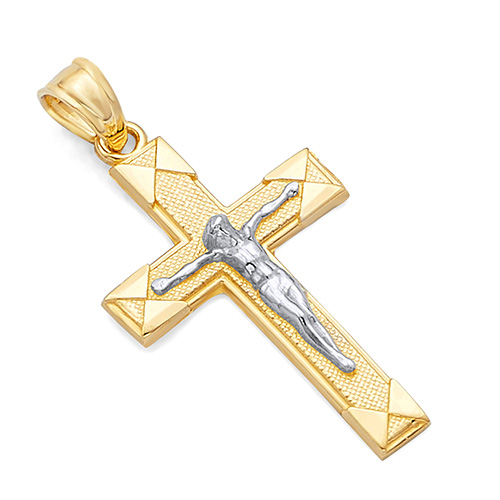 Small Contemporary Rectangular Crucifix Pendant in 14K Two-Tone Gold