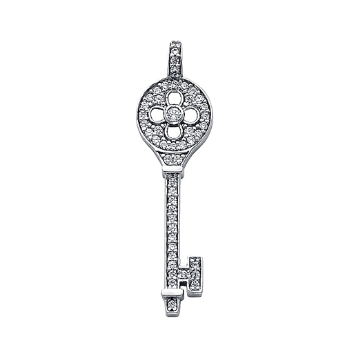 14K White Gold CZ Cubic Zirconia Key Charm Pendant