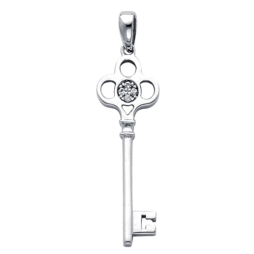 14K White Gold CZ Cubic Zirconia Key Charm Pendant