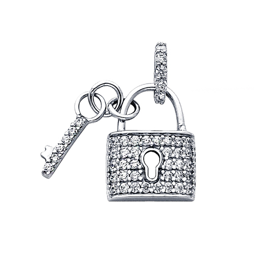 14K White Gold CZ Cubic Zirconia Lock Key Charm Pendant