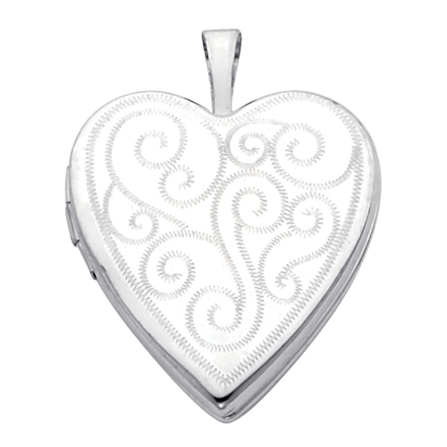 14K White Gold Engraved Heart Locket Pendant 0.8 or 20mm Height