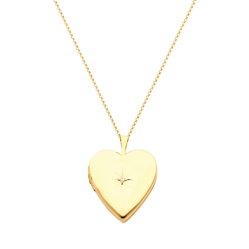 14K Yellow Gold Diamond-Accent Heart Locket Pendant 0.8 Inches or 20mm  1/10 ctw.  HI  I1-I2 with 1.2mm Rolo Cable Chain - 18 Inches