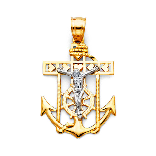 Small Heart Mariner's Cross Anchored Crucifix Pendant in 14K Two-Tone Gold