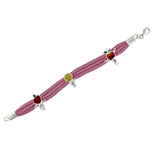 5.5 Silver Pink Leather Bracelet with Enamel Fruit/Kids Charms Lobster Clasp