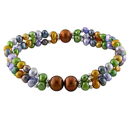 7 8-9mm Brown 4-5mm Multi-color FW Pearl Elastic 3-Strand Bracelet with Brass M