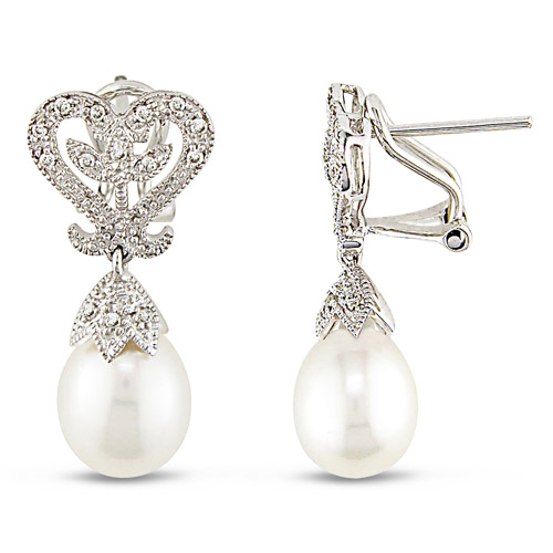 10K White Gold 0.10 CTW Diamond White Freshwater Pearl Omega  Back Earrings