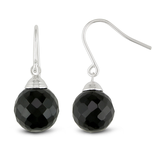 Silver 10mm Checkerboard Bead Black Agate Fish Hook Earrings