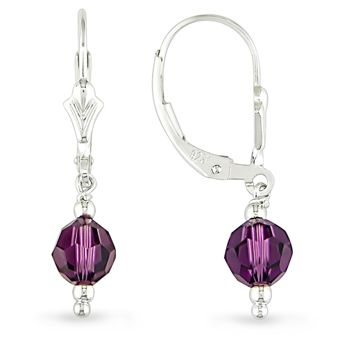 Silver Amethyst Crystal  Beads Lever-Back Earrings