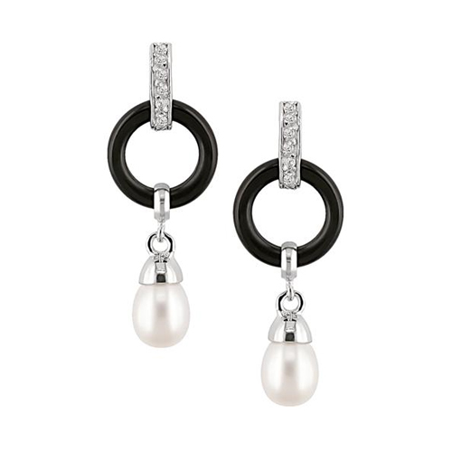 Silver 7-8mm Freshwater Rice Pearls 13mm Circle Black Onyx 1.5mm CZ Earrings
