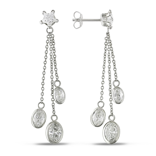 Sterling Silver 6mm Star Oval Cubic Zirconia Drop Earrings