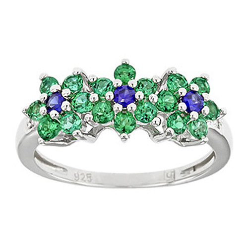 0.01 CTW Diamond 5/8 CT TGW Synthetic Sapphire Synthetic Emerald Flower Ring Si