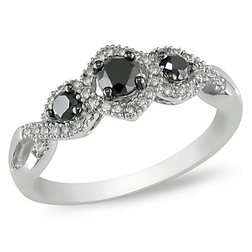 10K White Gold 0.50 CTW Black  White Diamond 3 Stone Ring