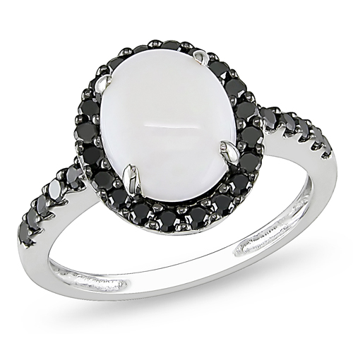 10K White Gold 0.40 CTW Black Diamond Opal Halo Ring