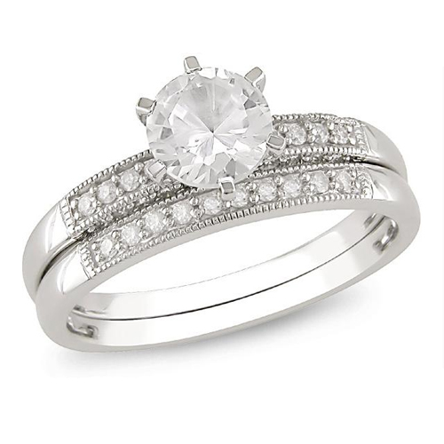 10K White Gold 1.38 CT TGW Synthetic White Sapphire Diamond Bridal Set Ring