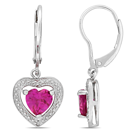 0.01 CTW Diamond 2 CT TGW Synthetic Pink Sapphire LeverBack Earrings Silver