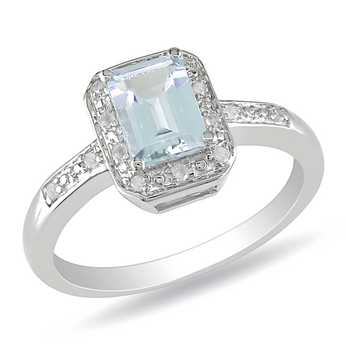 0.06 CTW Diamond 0.80 CT TGW Aquamarine Fashion Ring Sterling Silver