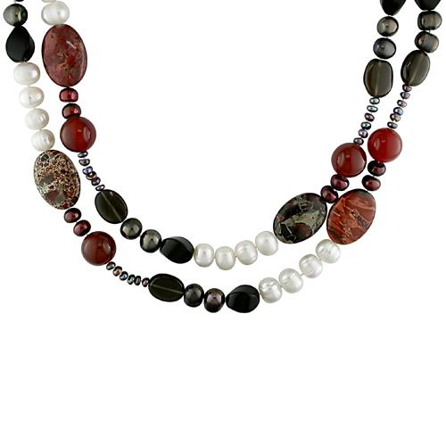 54in 10mm White  Black  8mm   3mm Black Pearl with 30x18mm Oval Red jasper 14mm 