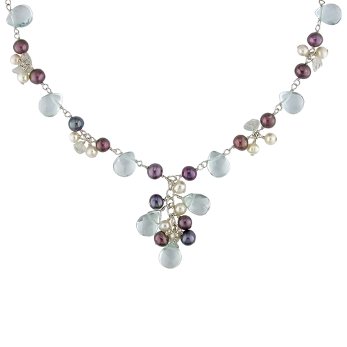 16in Freshwater Black/White Potato Pearls Blue Topaz Chips Necklace w/ Faceted