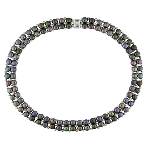 17in Double Row Freshwater 6-7mm Black Button Pearl Necklace w/Brass Clasp Bead