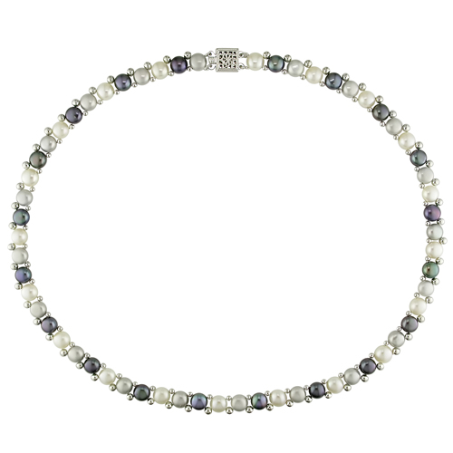 17in 6-7mm White  Gray and Black Freshwater Button Pearl Single-Row Necklace w/ 