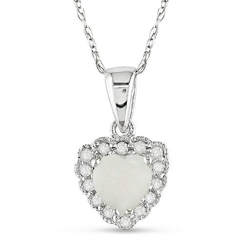10K White Gold 0.07 CTW Diamond 0.25 CT TGW Opal Heart Pendant with Chain