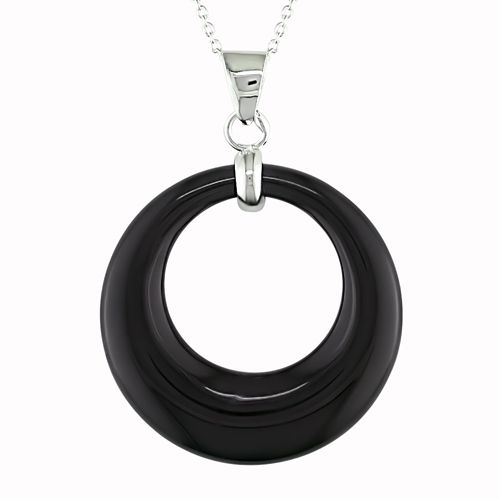 Silver Open 29mm Round Black Onyx Pendant w/ Chain