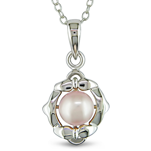 Sterling Silver 5.5mm Freshwater Pink Button Pearl Pendant w/Chain