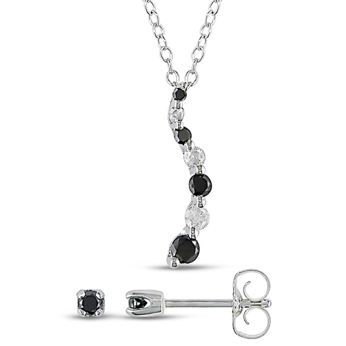 Set Of Silver 0.33 CT TDW Black white Diamonds Pendant Earrings w/ Chain