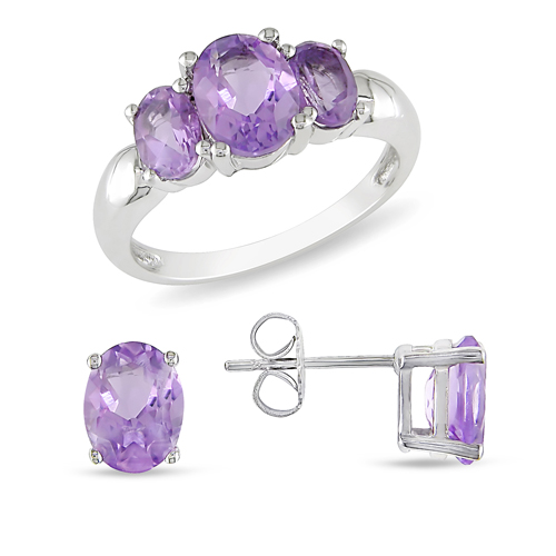 3.80 CT TGW 6x4 - 8x6mm Amethyst Set Of Silver Ring  Earring