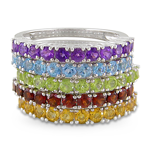 Set Of 5 Silver Rings 3.50 CT TGW Rd 2.5mm Garnet  Peridot  Sky BT  Citrine   Am