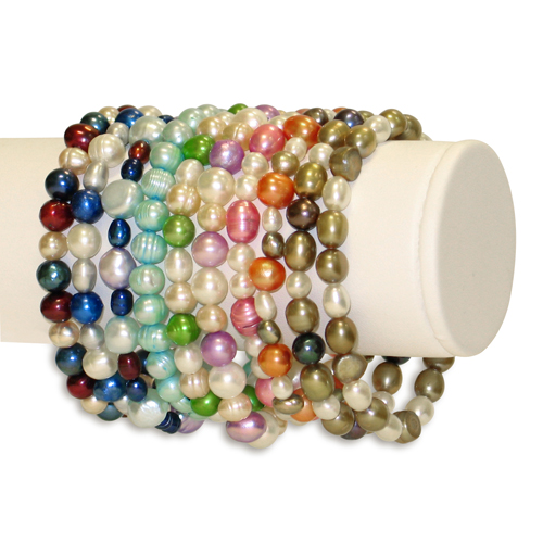 10pcs Set of 7in Assorted Colors  Shapes Freshwater Pearl Elastic Bracelets-Each