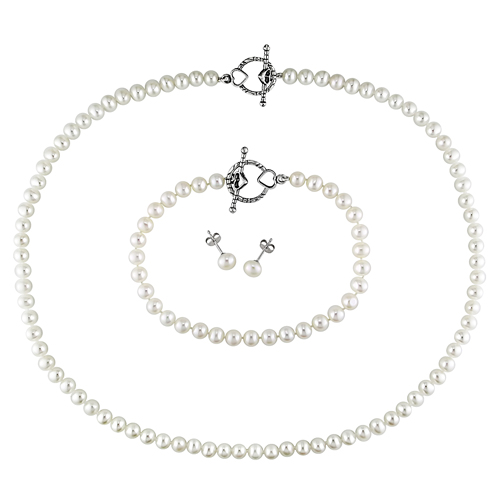 3pcs Set of 5-6mm Freshwater Pearl 18in Necklace 7in Bracelet w/ Silver Toggle