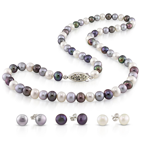 4pcs Set of 6-7mm White/Black/Grey Freshwater 18in Pearl Necklace w/ Silver Tone