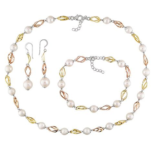 3pcs Set of 3-Tone Gold Plated Silver 7-8mm FW Pearl 16 Necklace 8 Bracelet w/L