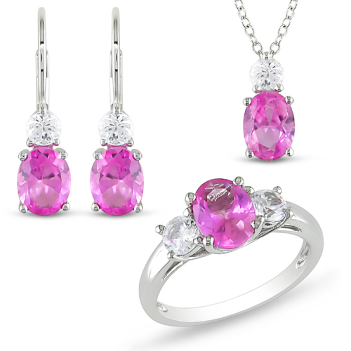 9 5/8 CT TGW Synthetic Pink Sapphire Synthetic White Sapphire with Chain Silver