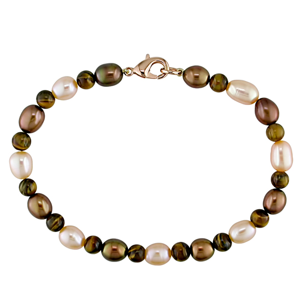 7.5 6-6.5mm FW Rice Peach Brown Pearl 5mm Tiger Eye Bead Bracelet w/Pink Plated Metal Lobster Clasp prl grade AA