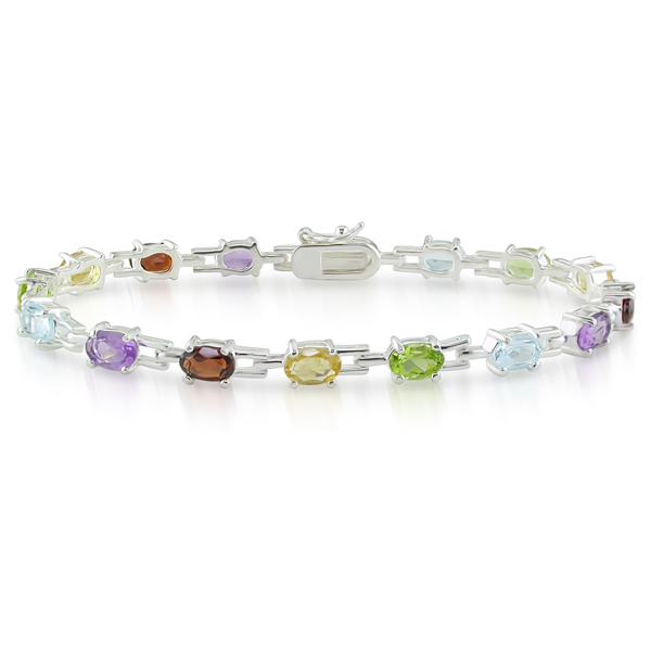 7.25 Silver 7-1/2ct TGW 6x4mm Oval Citrine Garnet Amethyst Blue Topaz and Peridot Bracelet prong set gems pressure clasp and safety catch