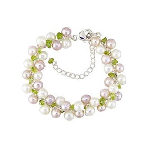 6 + 2 ext. Silver 5-6mm Pink White Potato Pearls W/ Peridot Chips Bracelet on
