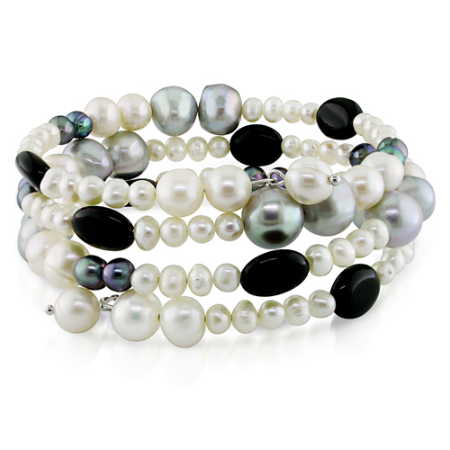 FW 8-9mm Grey 4 6-7mm White 5mm Black Pearl w/ 10x8mm Oval Onyx Bead with Silver Wire Coil Bracelet prl grade AA
