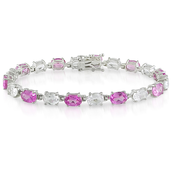 Sterling Silver 21.2 CT TGW Synthetic Pink Sapphire White Topaz Bracelet