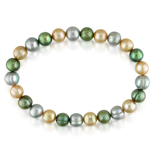 7 8-9mm Dyed Green Grey Orange FW Natural Shape Pearl Stretch Bracelet