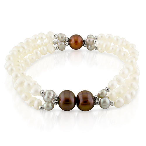 7 8-9mm Brown 4-5mm White Grey FW Pearl Endless Elastic 3-Strand Bracelet wit