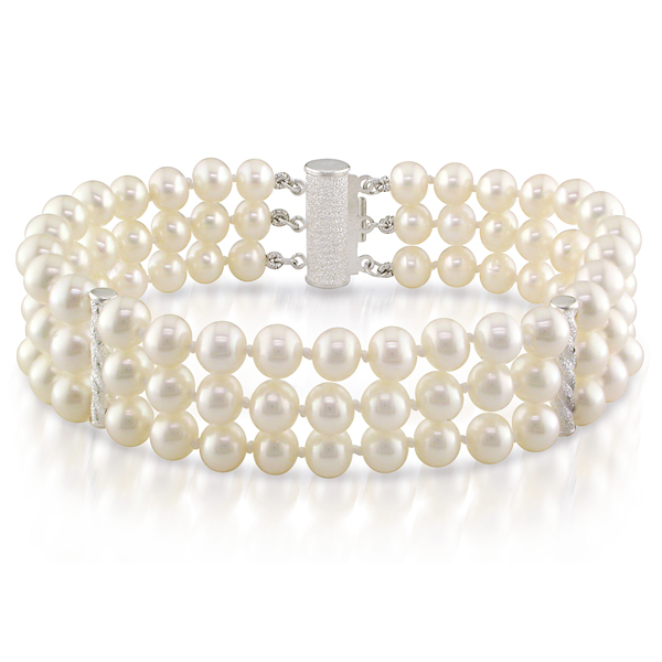 Sterling Silver 3-Strand FreshWater White Pearl Bracelet w/ Pave Tube Bars Clasp
