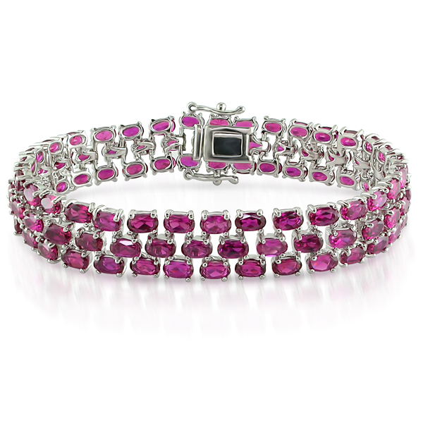 Sterling Silver 37 CT TGW Synthetic Ruby 3 Row Bracelet