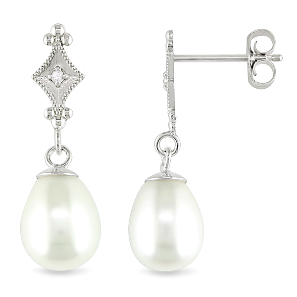 10KW 6.5-7mm FW Rice Pearl Earrings W/ .01ct TDW I2-I3