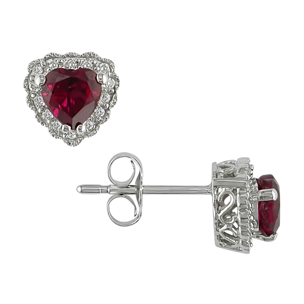 1/10 CT Diamond TW And 1 CT TGW Created Ruby Ear Pin Earrings 10k White Gold GHI I2;I3